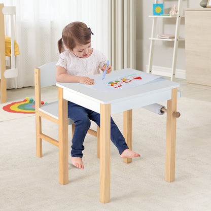 Kids Art Table and Chair Set with Paper Roll and Drawer