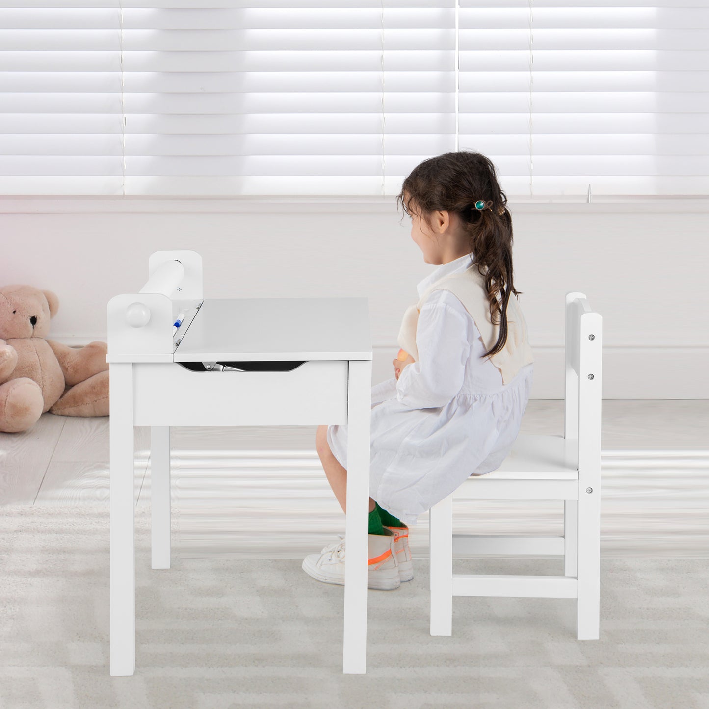 Kids Table and Chair Set with Storage and Paper Roll Holder