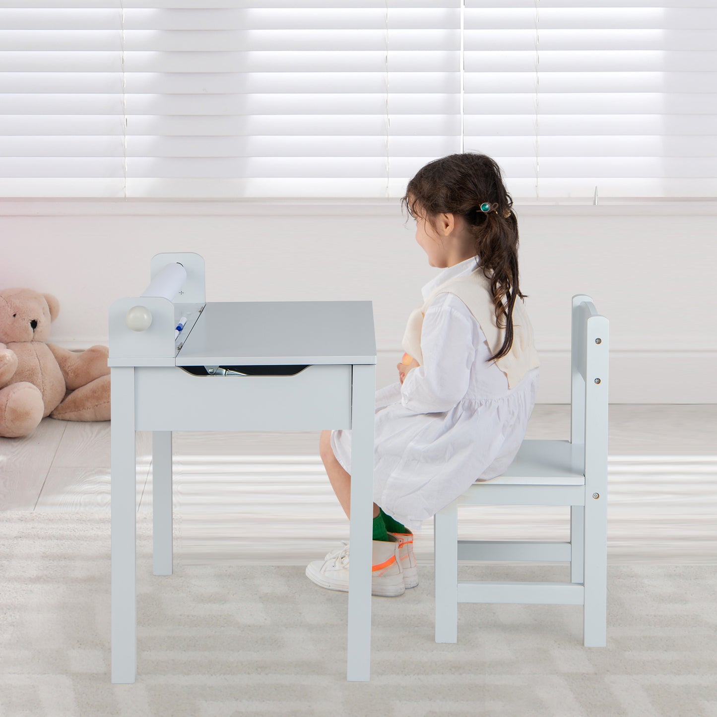 Kids Table and Chair Set with Storage and Paper Roll Holder
