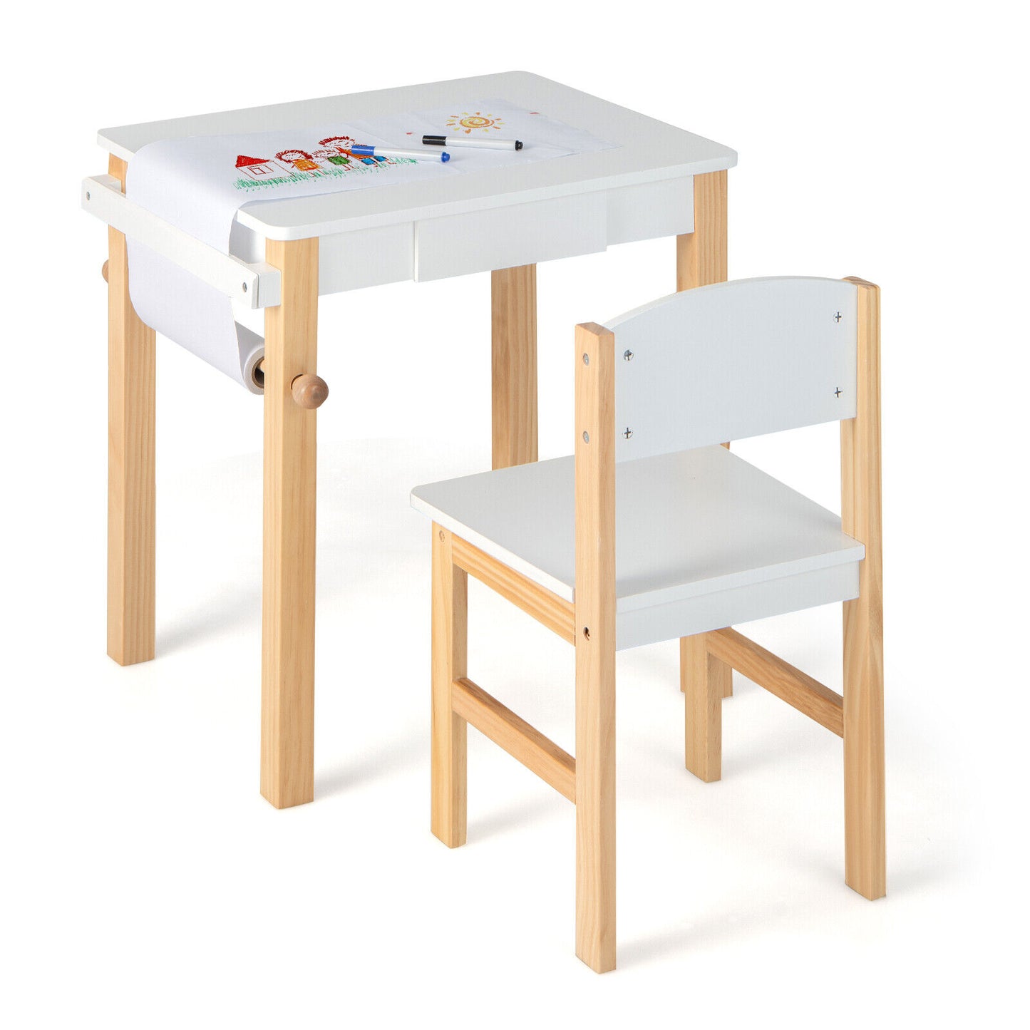 Kids Art Table and Chair Set with Paper Roll and Drawer