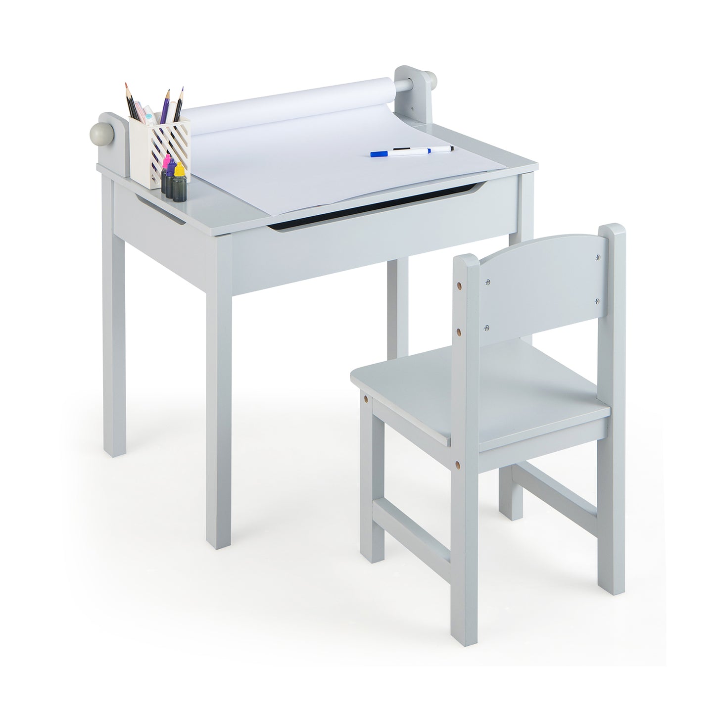 Kids Table and Chair Set with Storage and Paper Roll Holder
