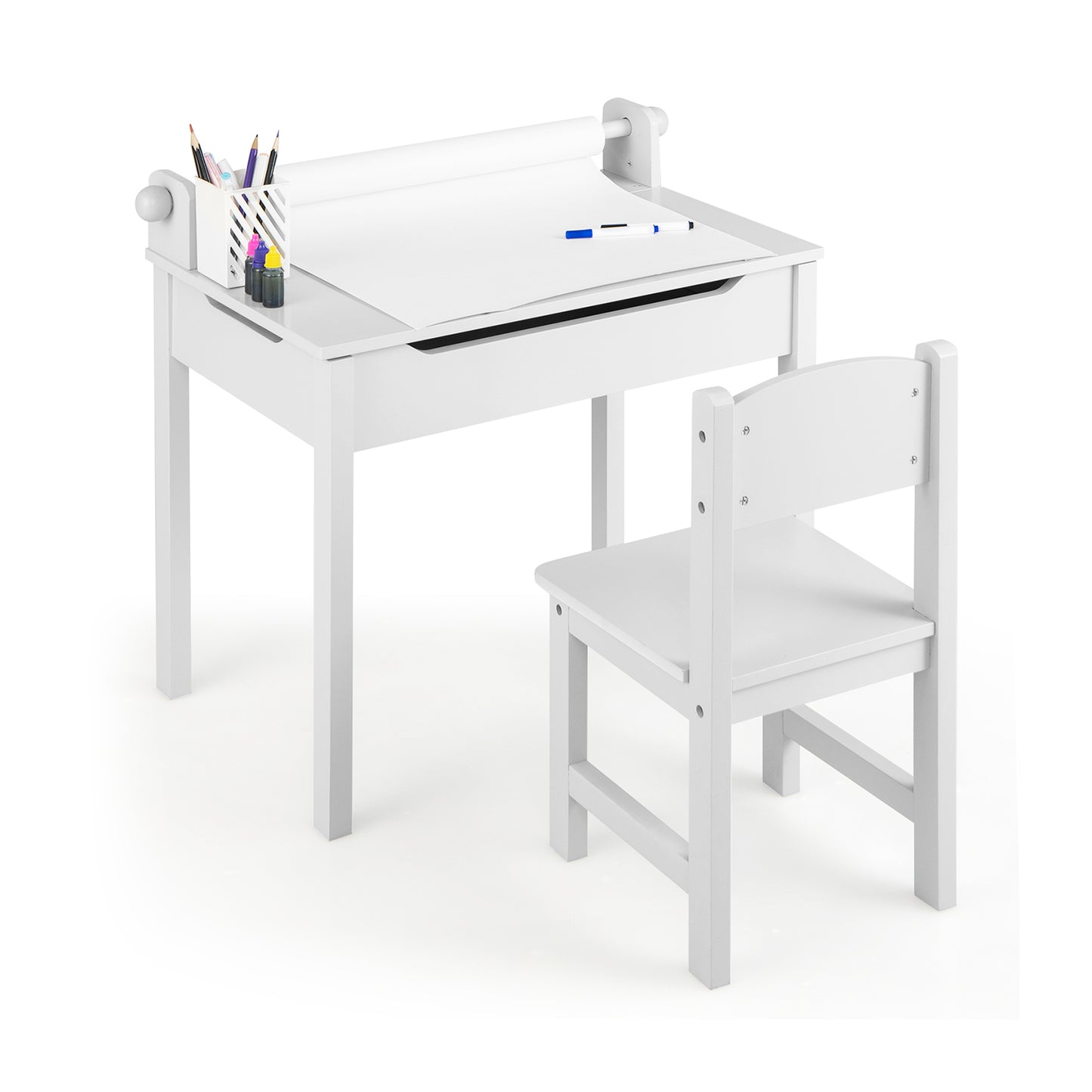 Kids Table and Chair Set with Storage and Paper Roll Holder