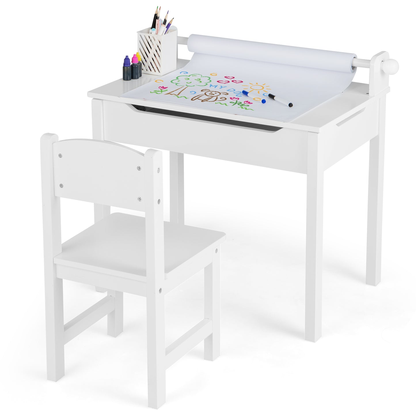 Kids Table and Chair Set with Storage and Paper Roll Holder