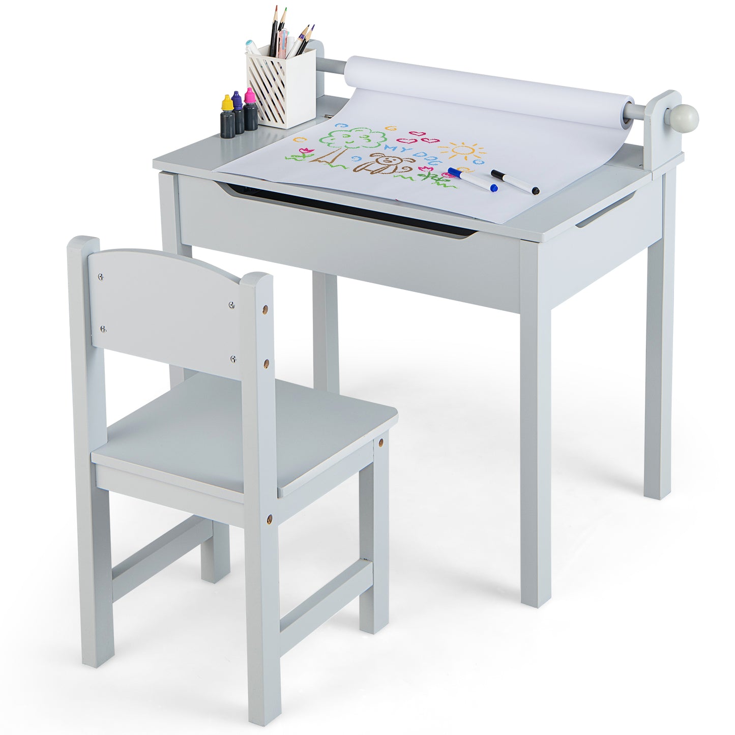Kids Table and Chair Set with Storage and Paper Roll Holder