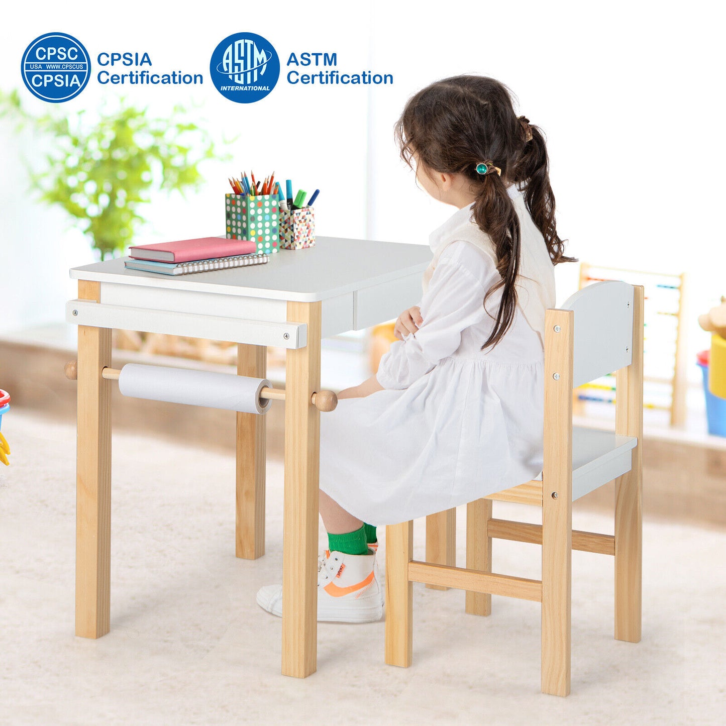 Kids Art Table and Chair Set with Paper Roll and Drawer