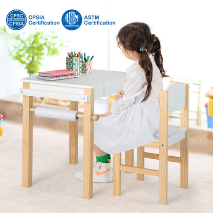 Kids Art Table and Chair Set with Paper Roll and Drawer