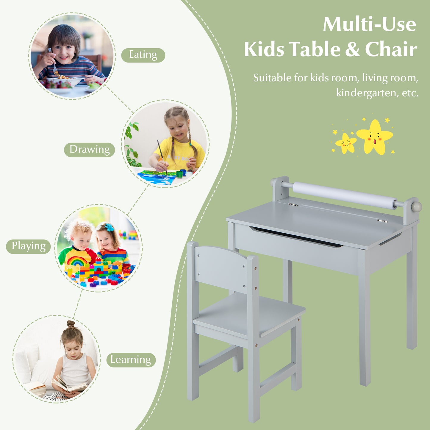 Kids Table and Chair Set with Storage and Paper Roll Holder