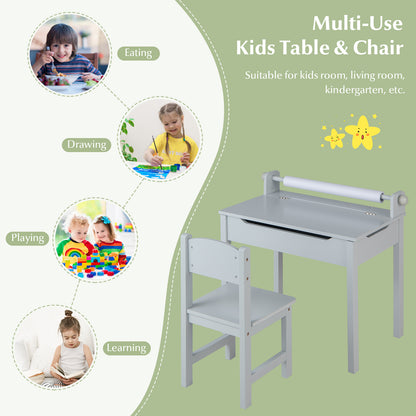 Kids Table and Chair Set with Storage and Paper Roll Holder