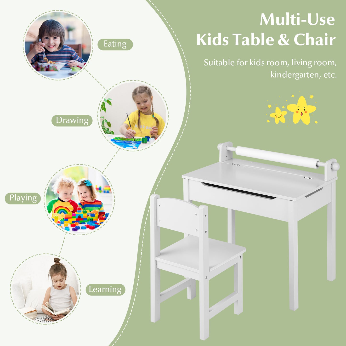 Kids Table and Chair Set with Storage and Paper Roll Holder