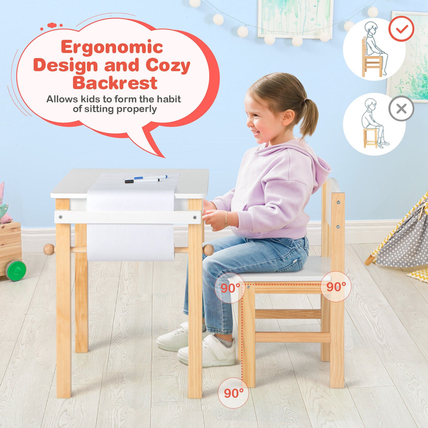 Kids Art Table and Chair Set with Paper Roll and Drawer