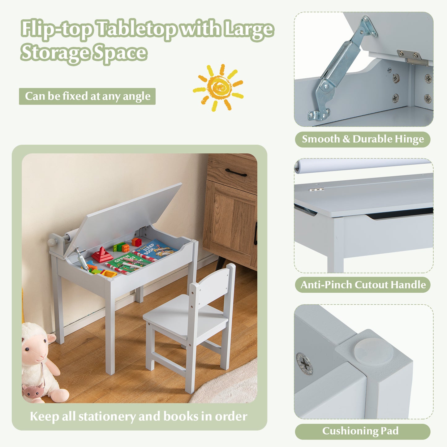 Kids Table and Chair Set with Storage and Paper Roll Holder