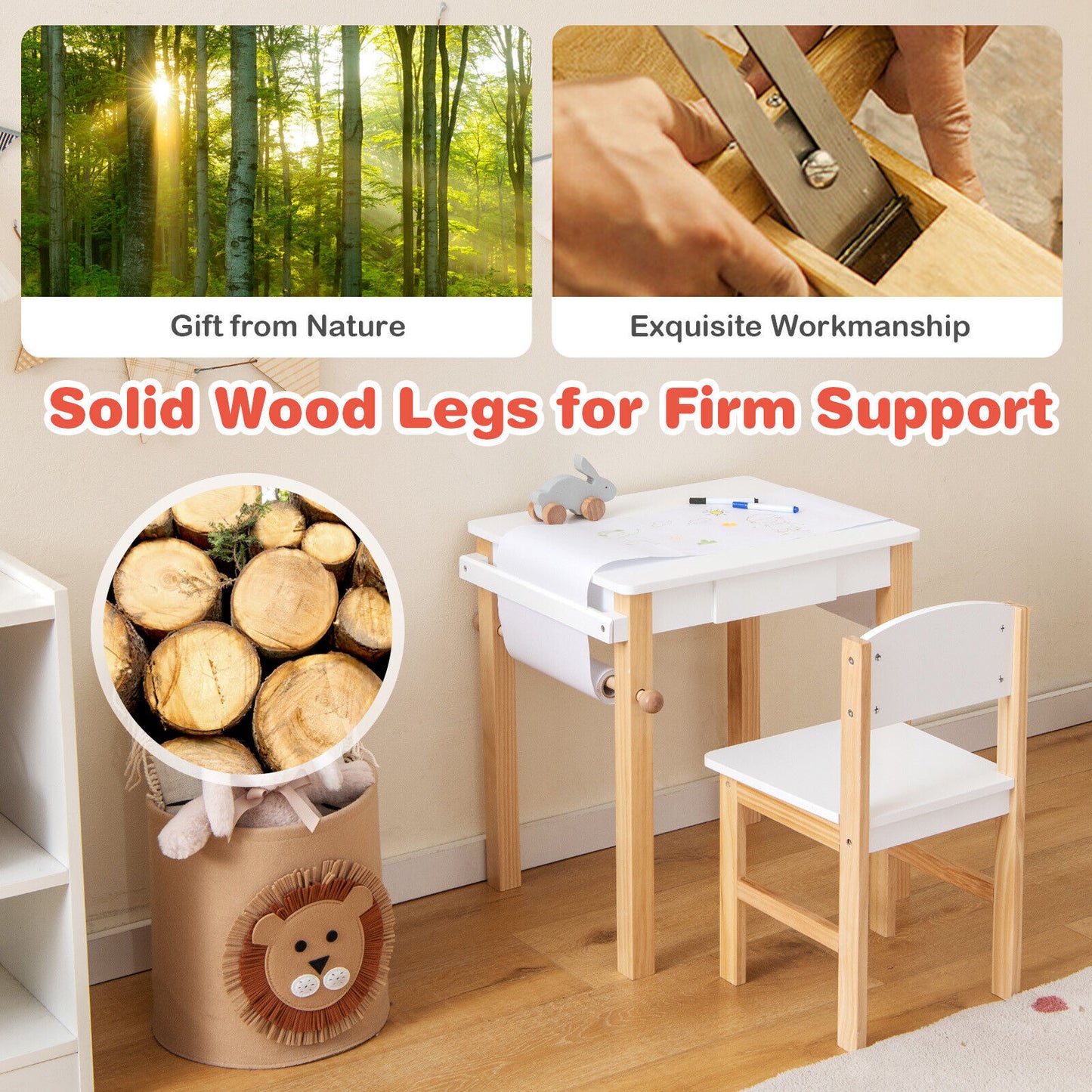 Kids Art Table and Chair Set with Paper Roll and Drawer