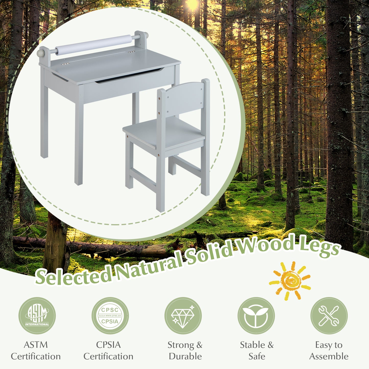 Kids Table and Chair Set with Storage and Paper Roll Holder