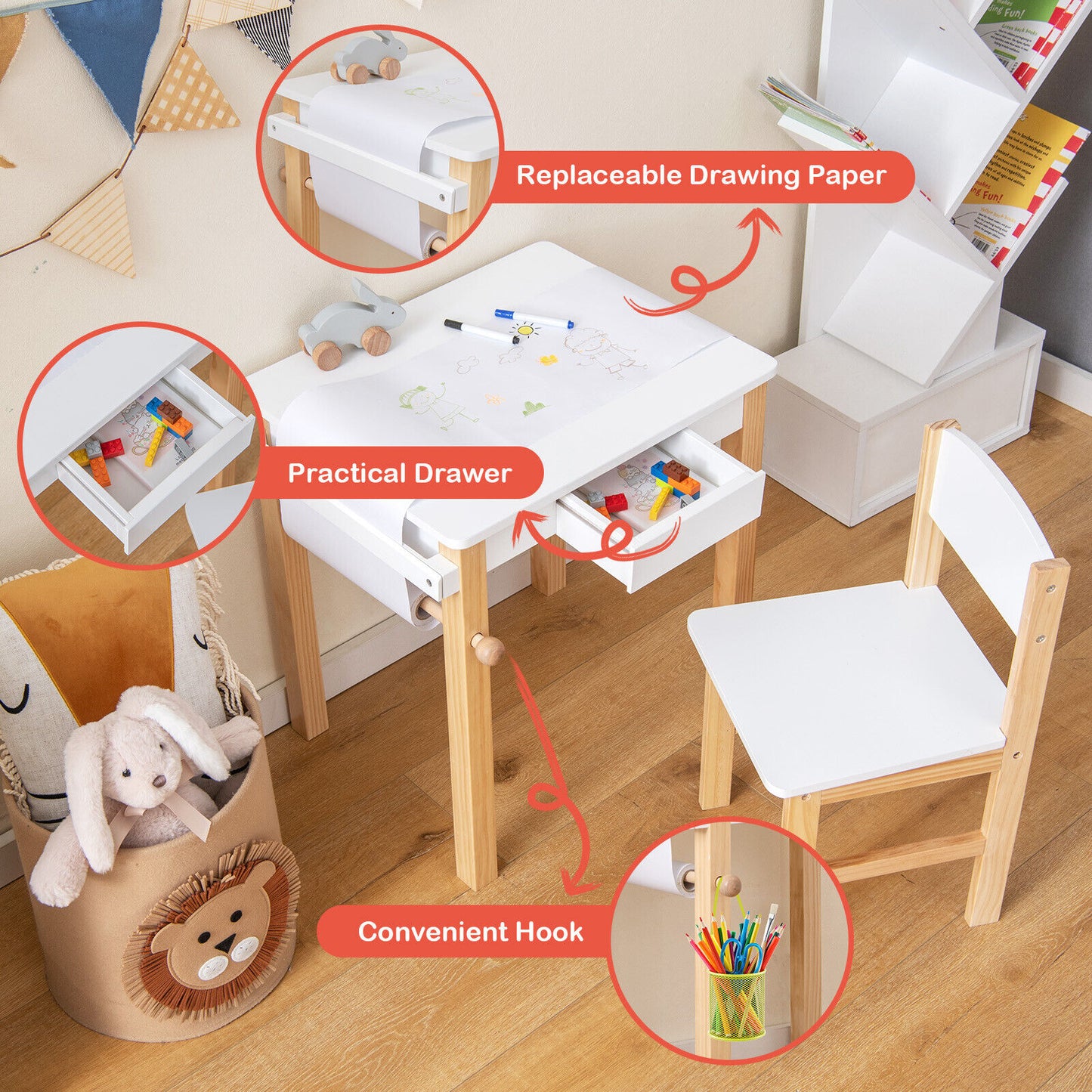 Kids Art Table and Chair Set with Paper Roll and Drawer