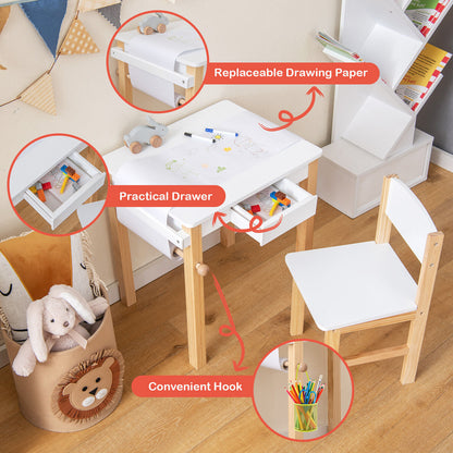 Kids Art Table and Chair Set with Paper Roll and Drawer