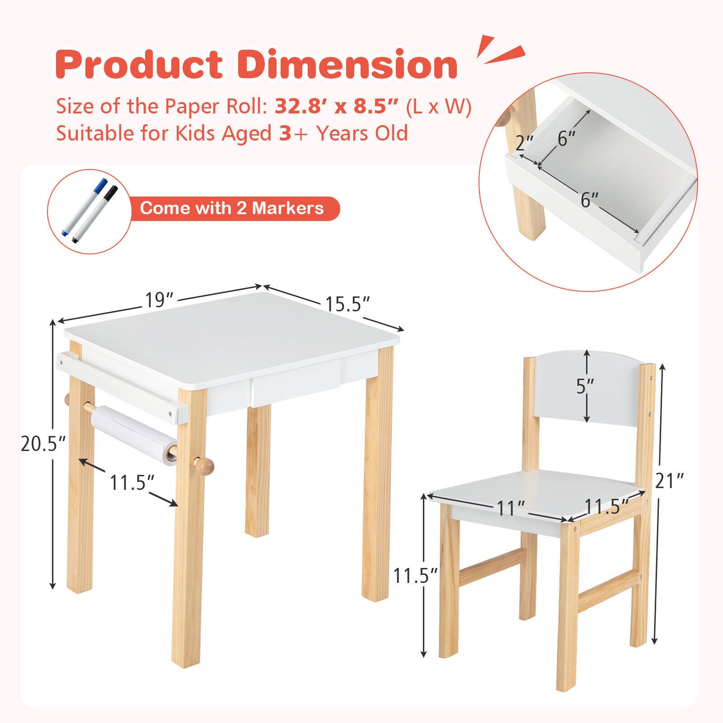 Kids Art Table and Chair Set with Paper Roll and Drawer