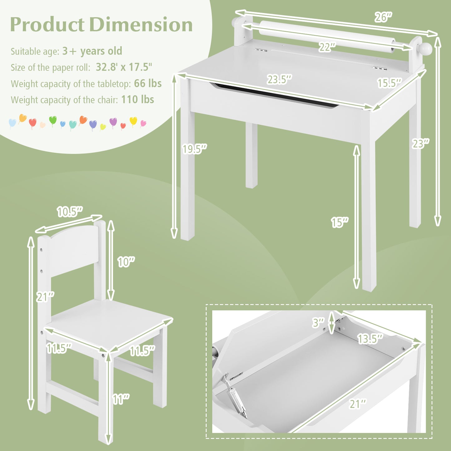 Kids Table and Chair Set with Storage and Paper Roll Holder
