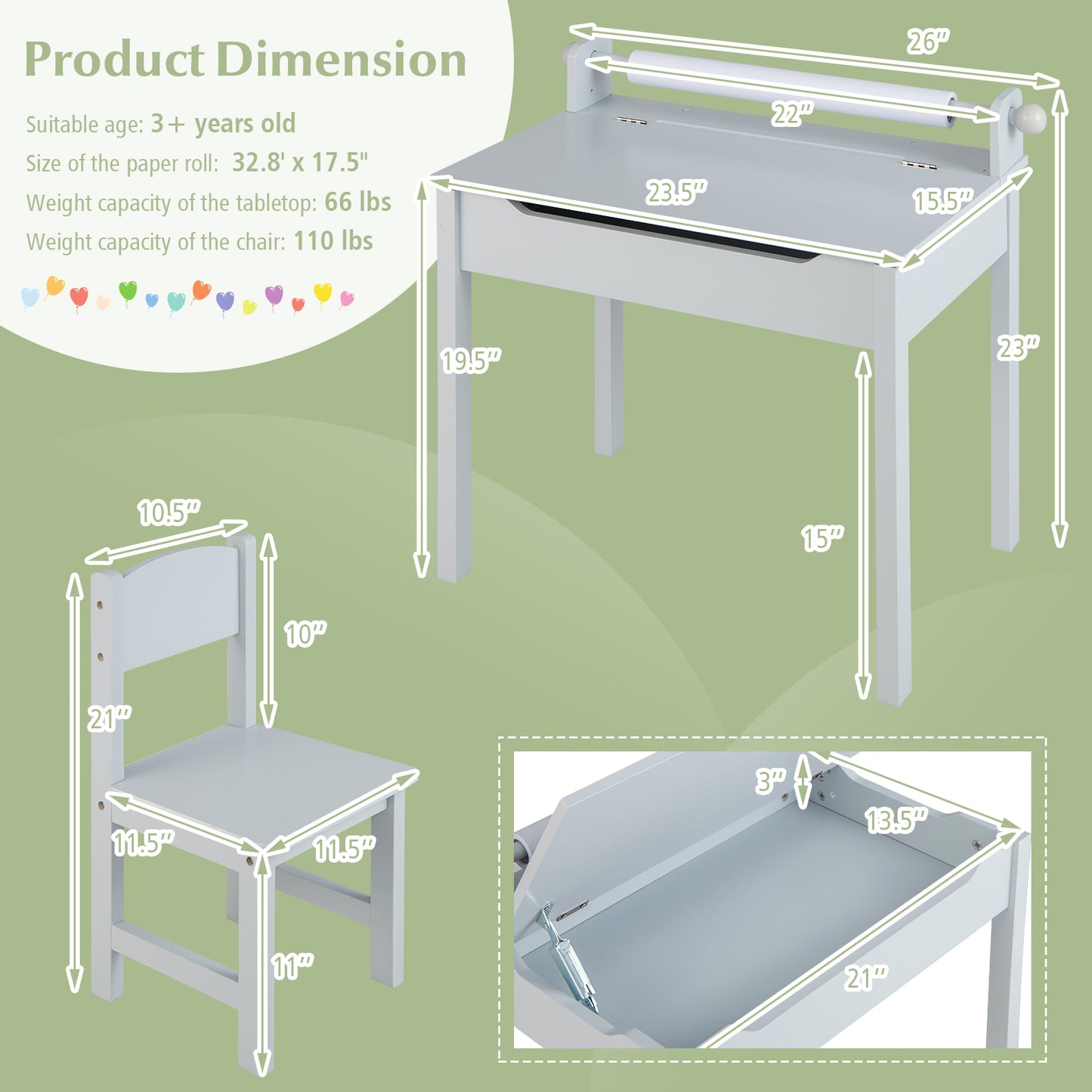Kids Table and Chair Set with Storage and Paper Roll Holder