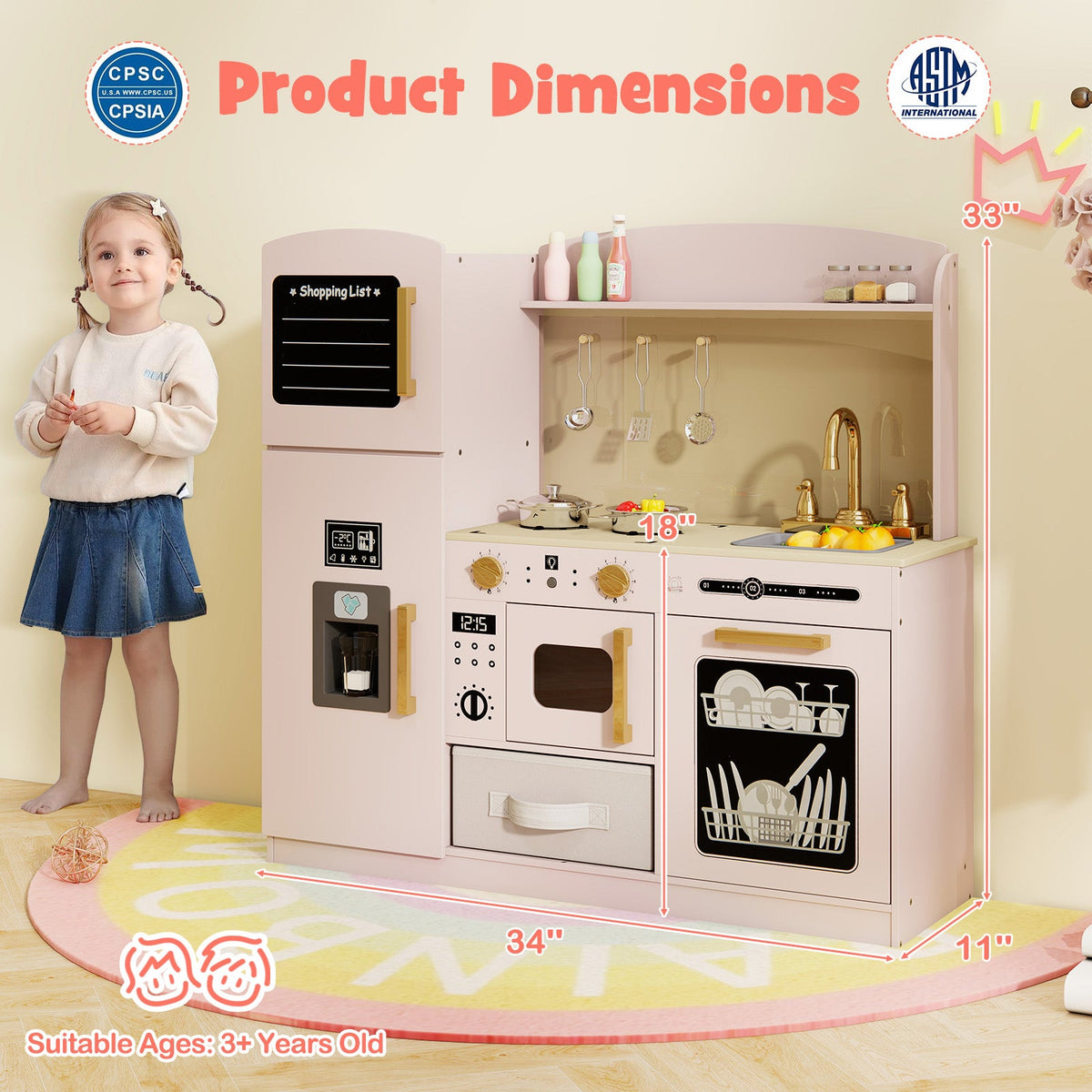 Wooden Kids Kitchen Playset with Chalkboard Ice Maker Sink Lighted Microwave