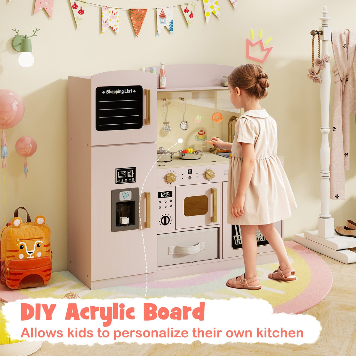 Wooden Kids Kitchen Playset with Chalkboard Ice Maker Sink Lighted Microwave