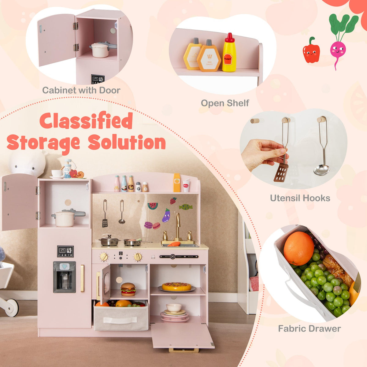 Wooden Kids Kitchen Playset with Chalkboard Ice Maker Sink Lighted Microwave