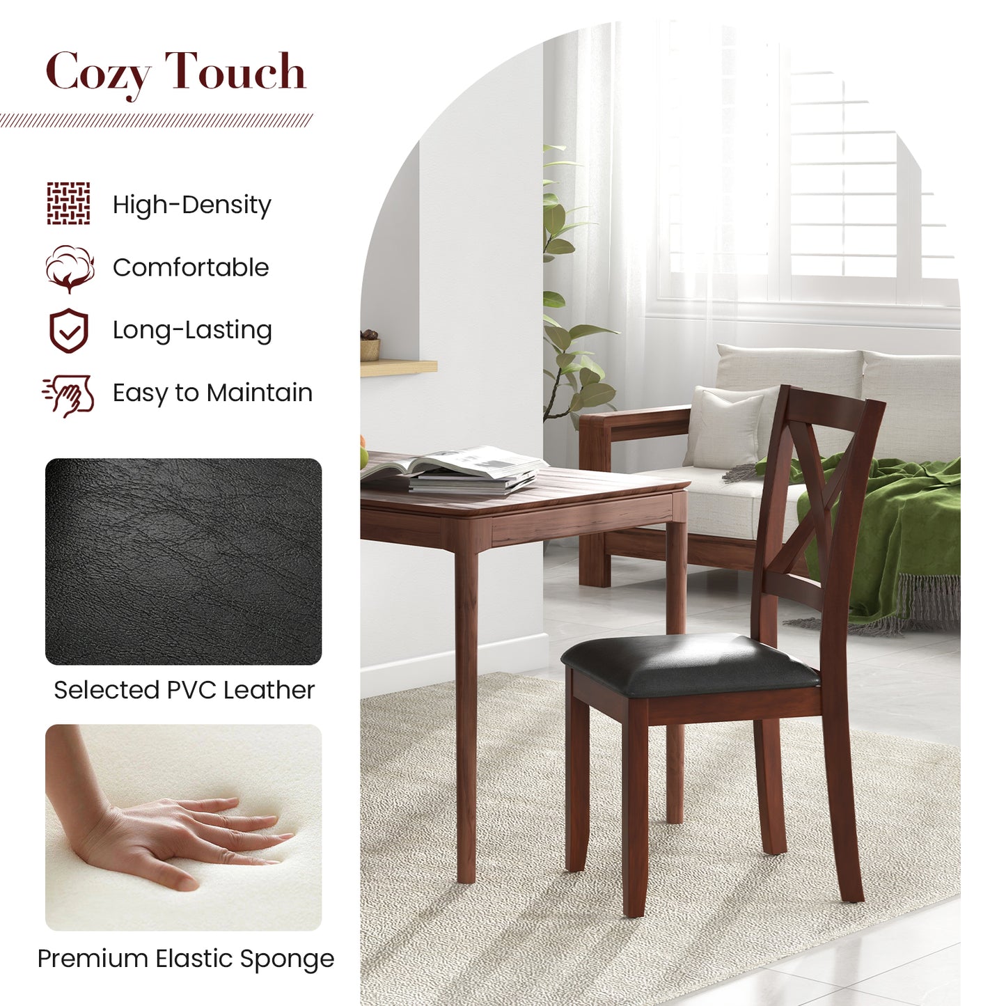Wooden Dining Chairs Set of 2 with Padded Seat