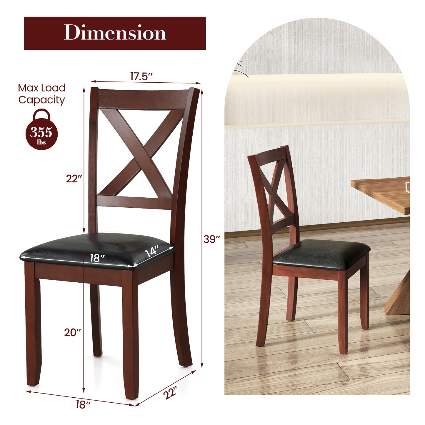 Wooden Dining Chairs Set of 2 with Padded Seat