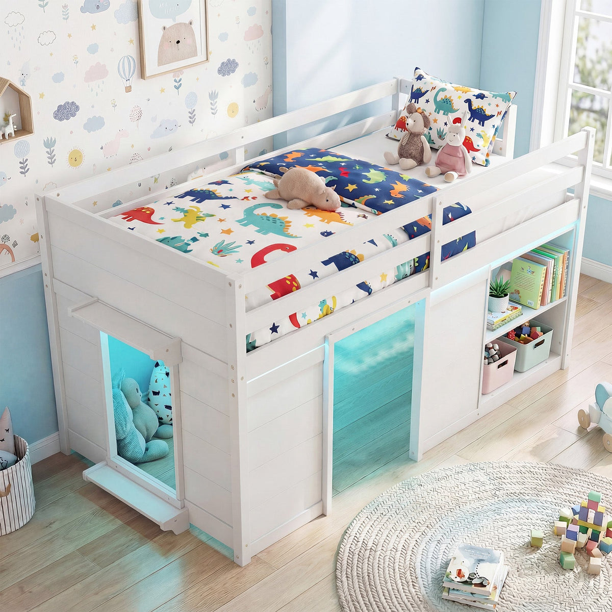 Wooden Low Kids Loft Bed with LED Lights and 2 Doors