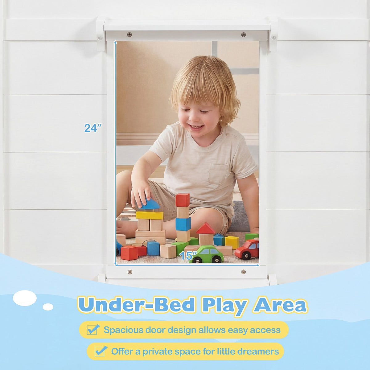 Wooden Low Kids Loft Bed with LED Lights and 2 Doors