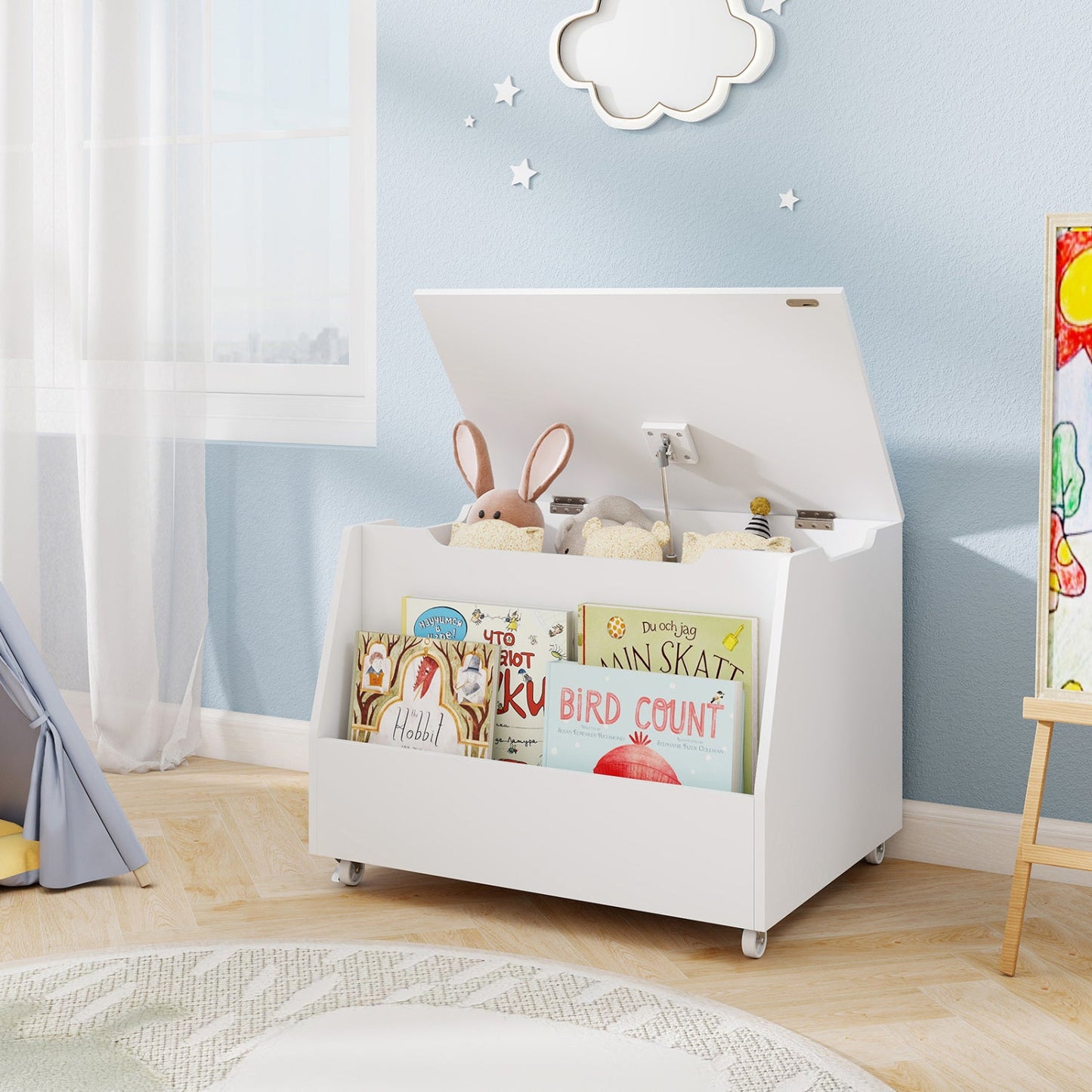 Wooden Mobile Toy Storage Organizer with Bookshelf and Lockable Wheels
