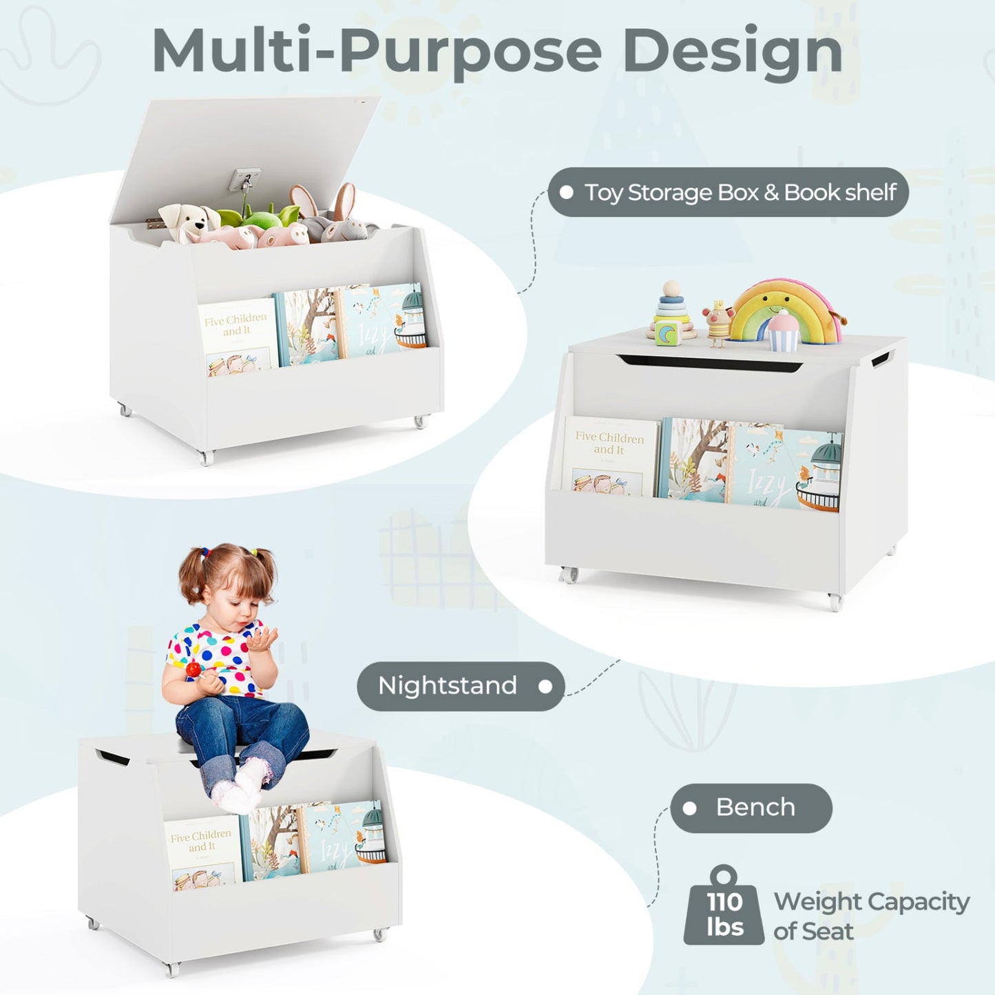 Wooden Mobile Toy Storage Organizer with Bookshelf and Lockable Wheels