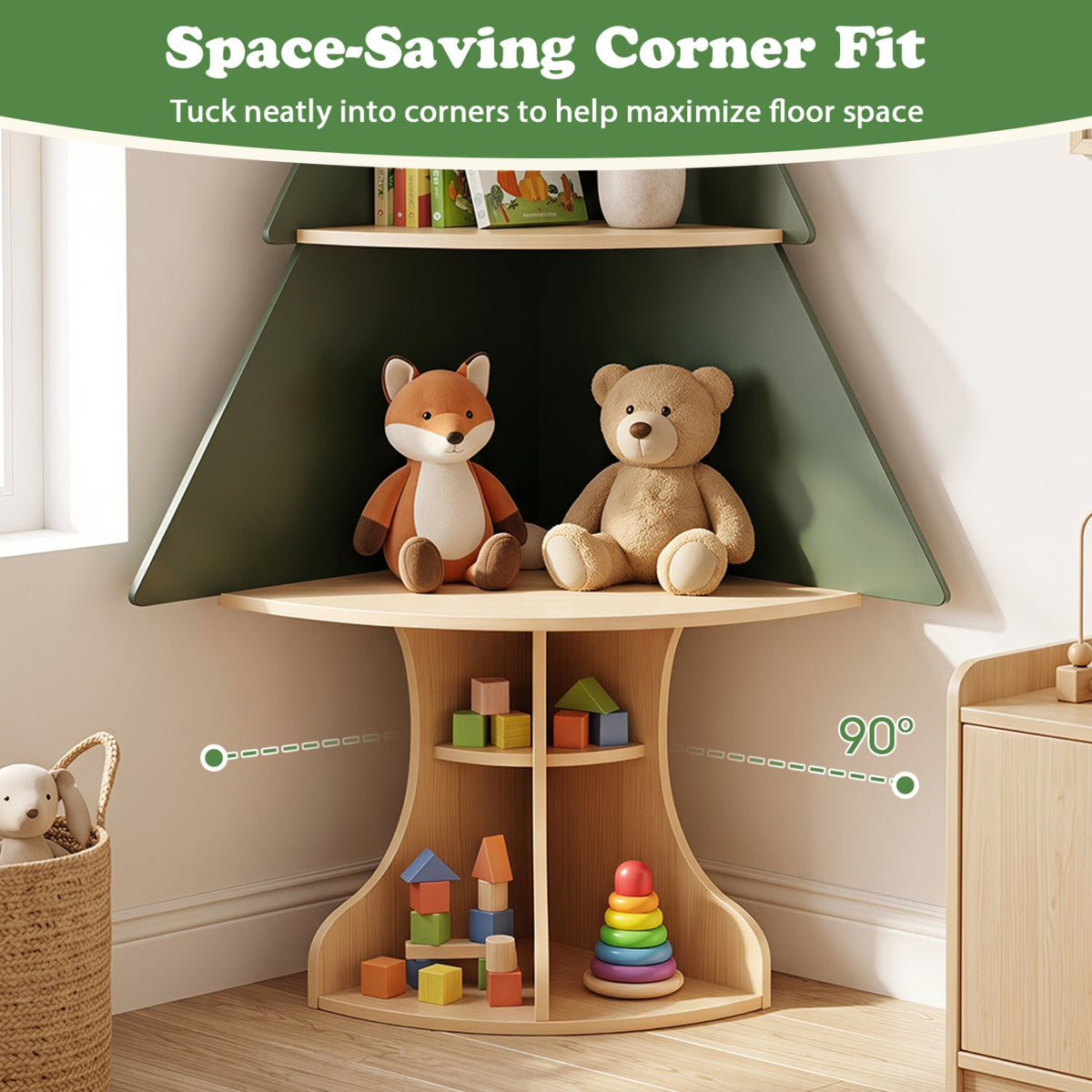Corner Tree Bookshelf with Toy Storage for Kids