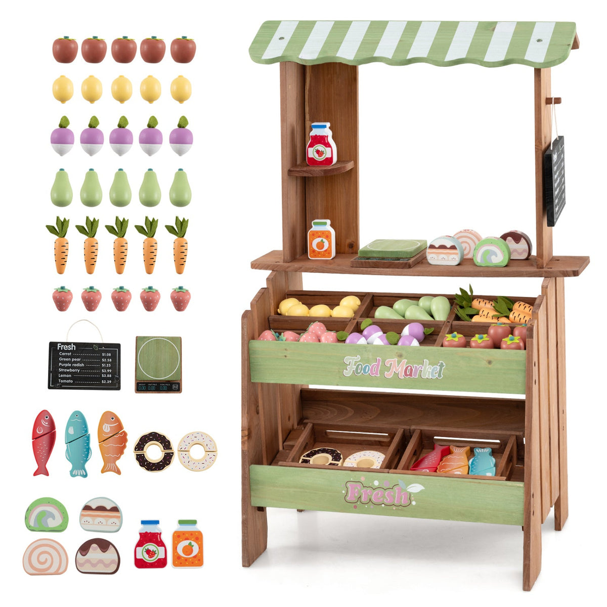 Wooden Grocery Store Playset with Chalkboard & 43 Accessories