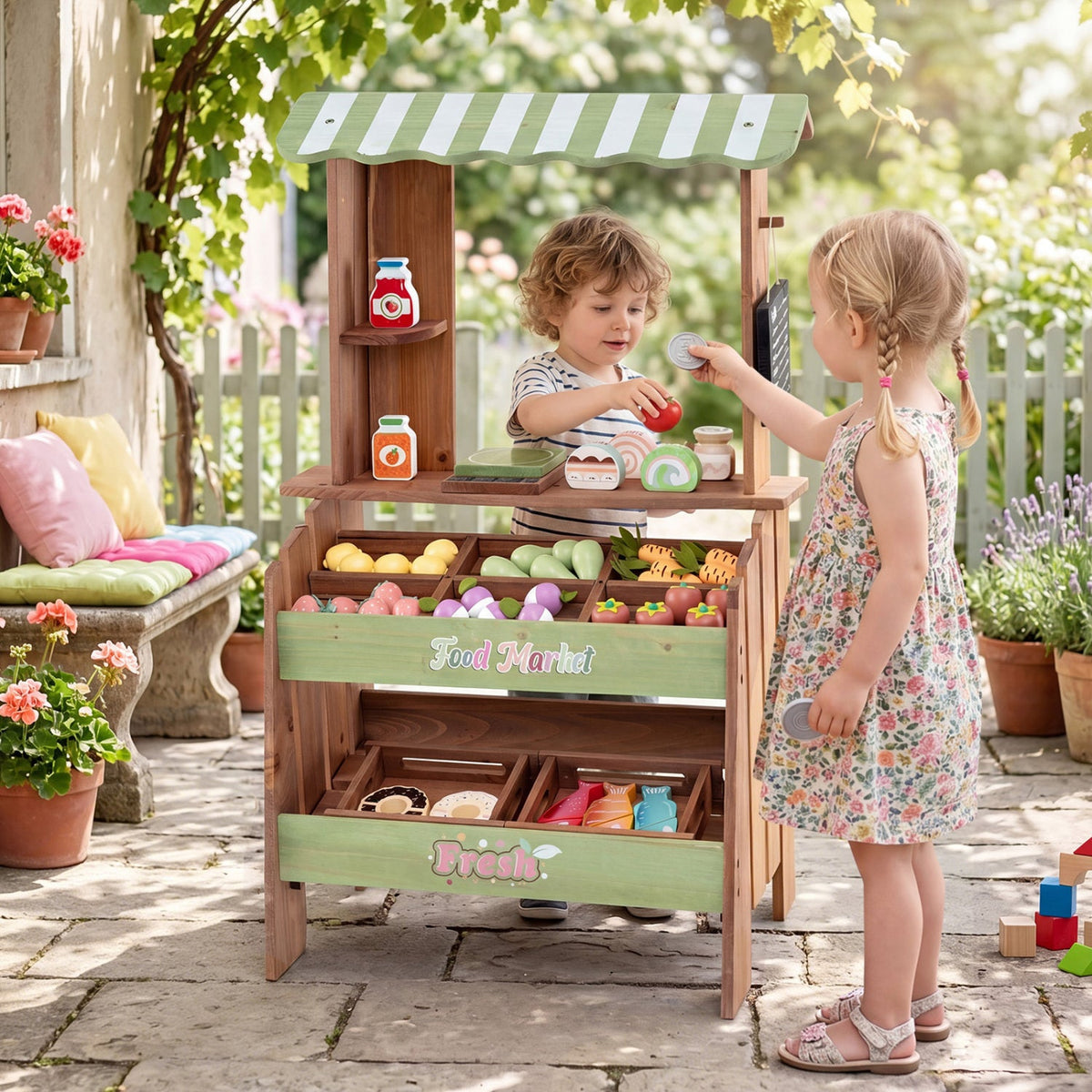 Wooden Grocery Store Playset with Chalkboard & 43 Accessories