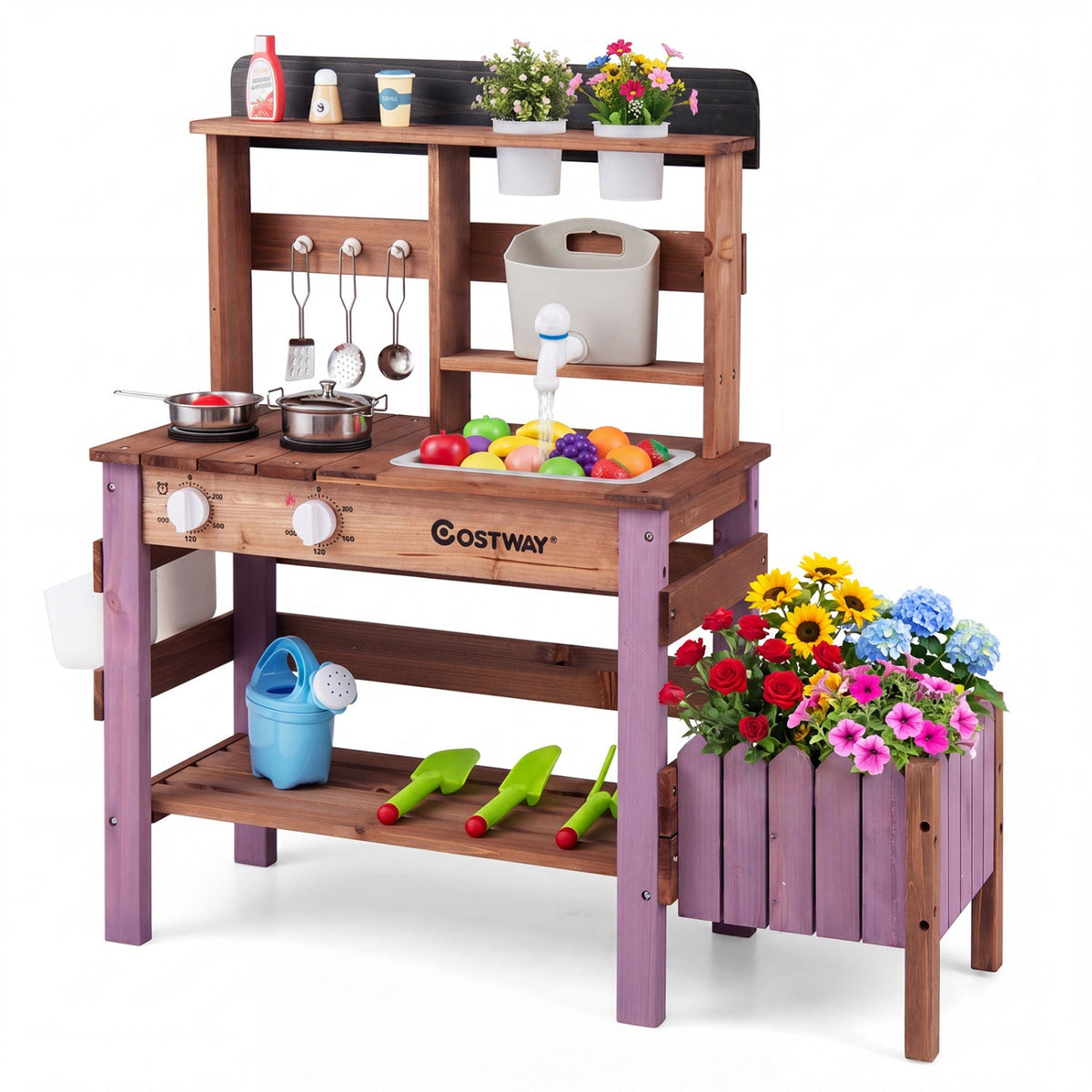 Wooden Mud Kitchen Set with Running Water Faucet Tank