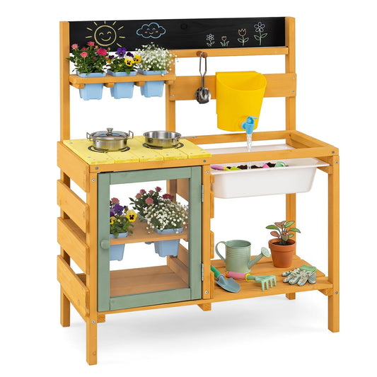 Wooden Mud Kitchen for Toddlers with Faucet & Water Tank