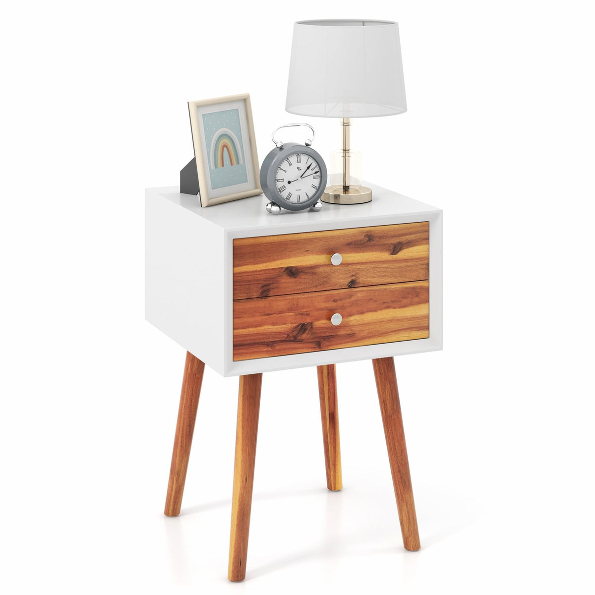 Wooden Nightstand Mid-Century End Side Table with 2 Storage Drawers