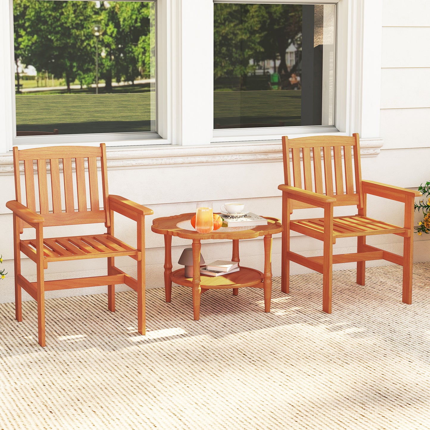 Wooden Patio Dining Chairs Set of 2 with Inclined Backrests