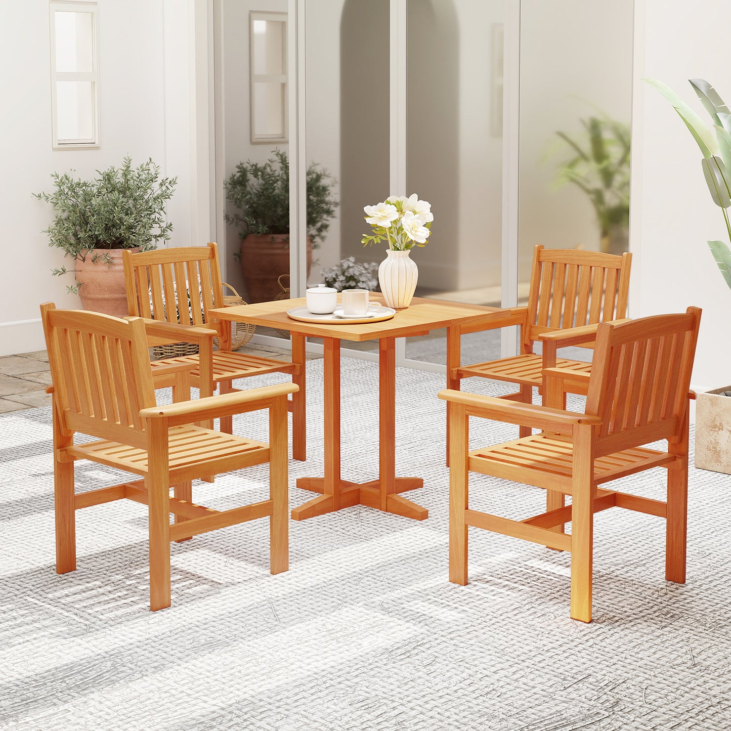 Wooden Patio Dining Chairs Set of 2 with Inclined Backrests