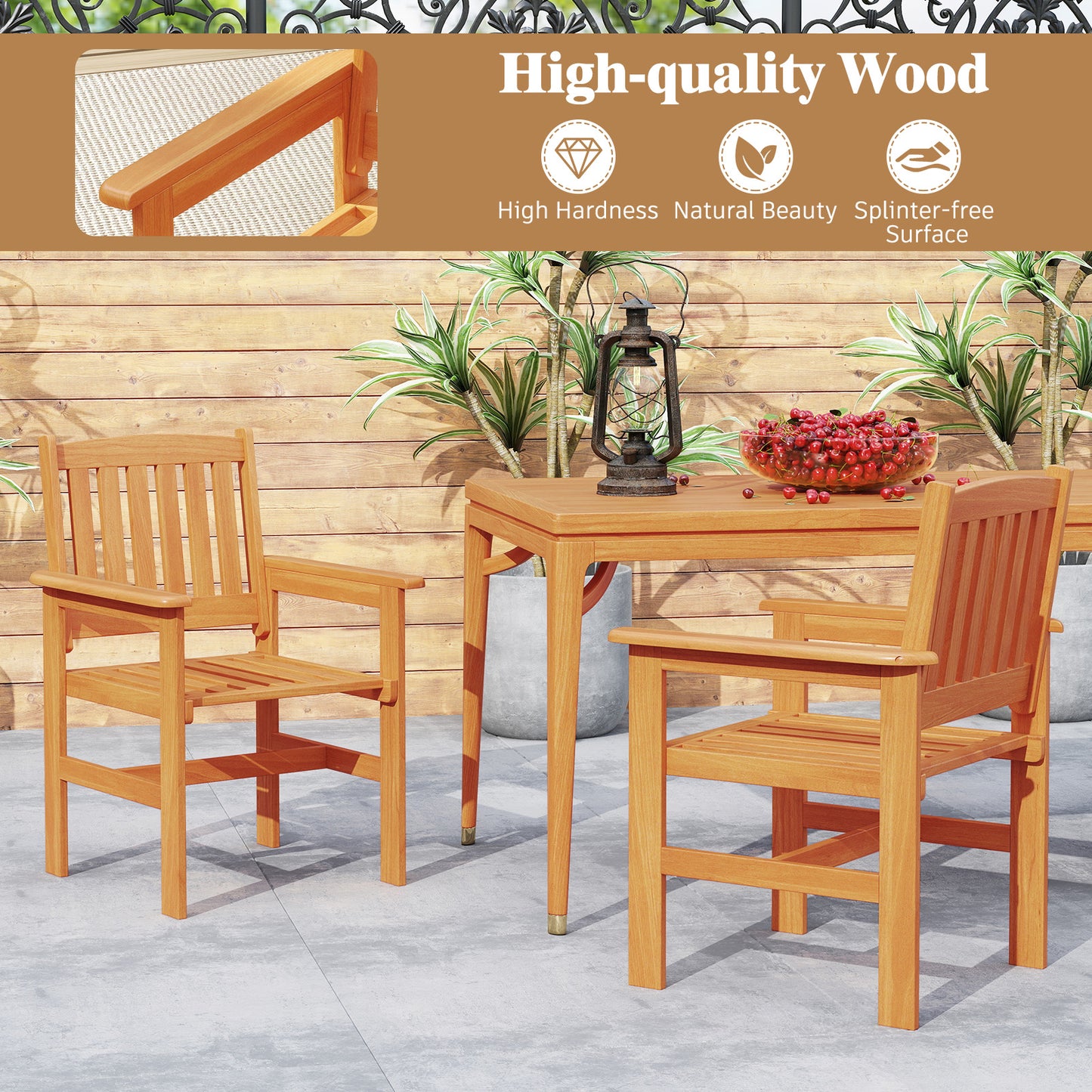 Wooden Patio Dining Chairs Set of 2 with Inclined Backrests
