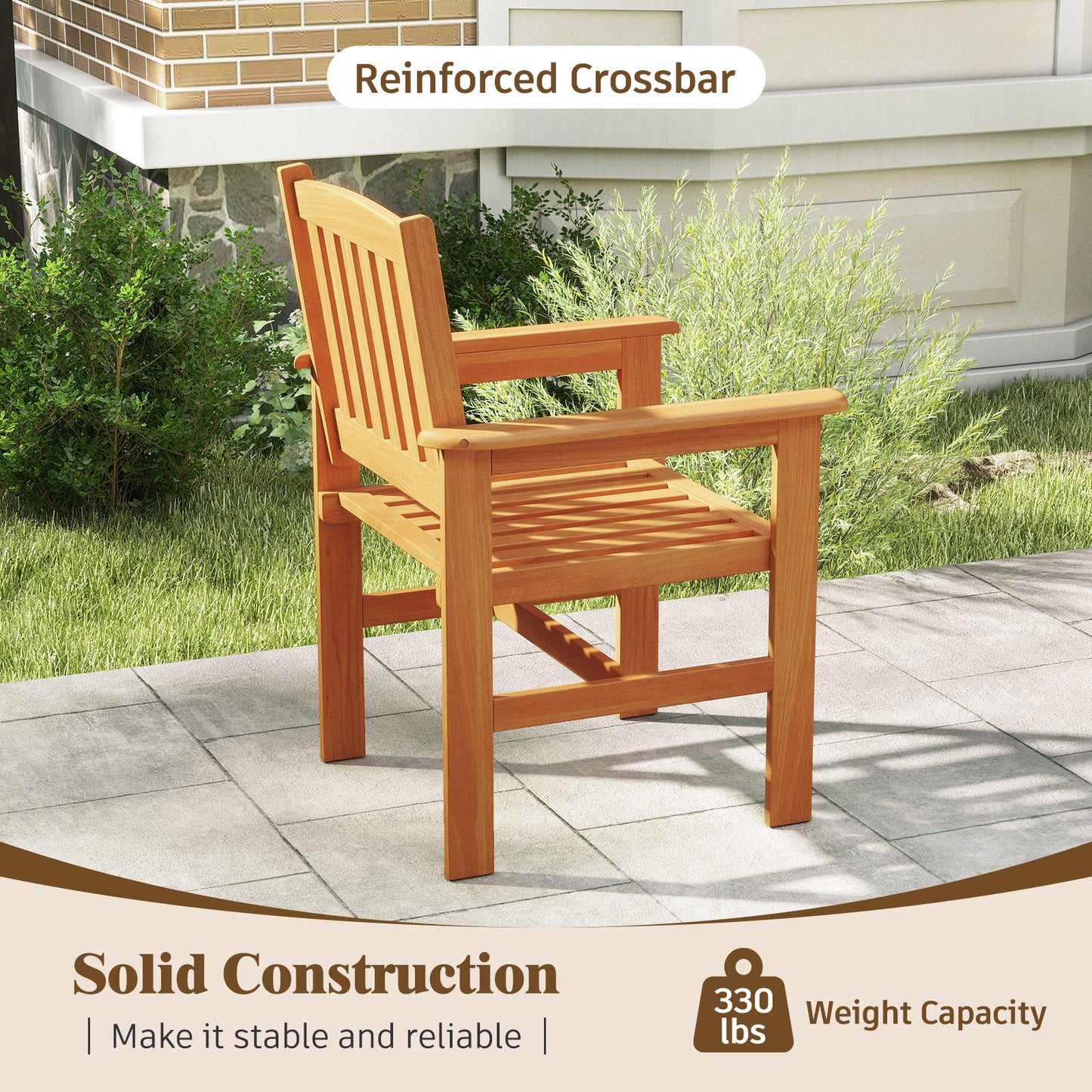 Wooden Patio Dining Chairs Set of 2 with Inclined Backrests