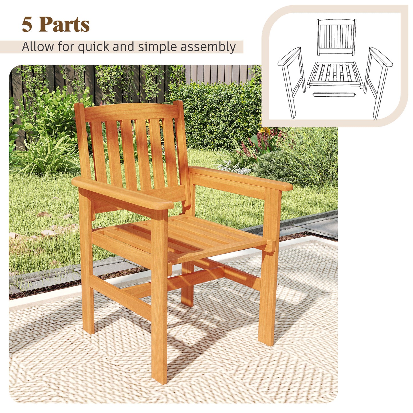 Wooden Patio Dining Chairs Set of 2 with Inclined Backrests