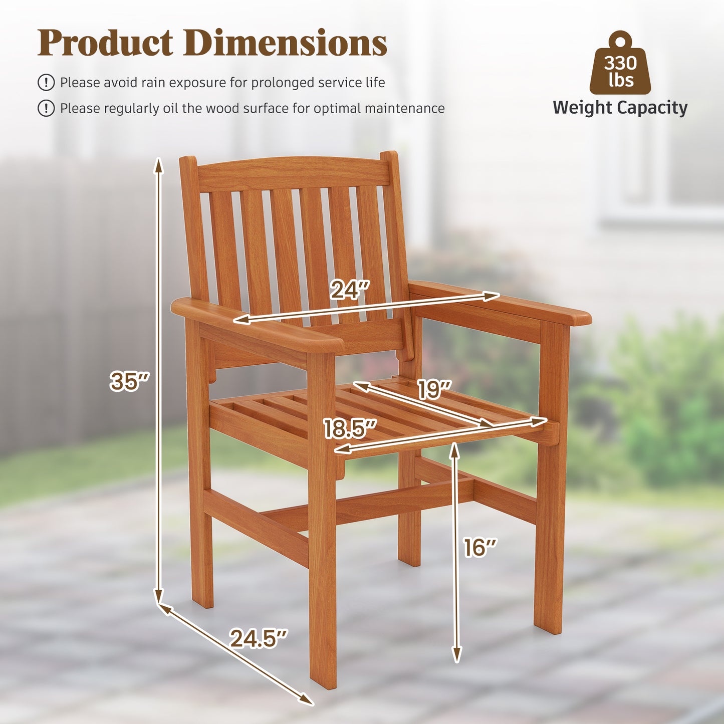 Wooden Patio Dining Chairs Set of 2 with Inclined Backrests