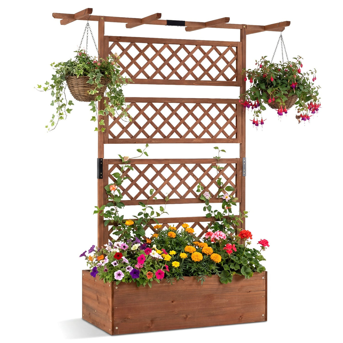 Wooden Planter Box with Lattice Trellis Raised Garden Bed Privacy Screen with Flat Roof
