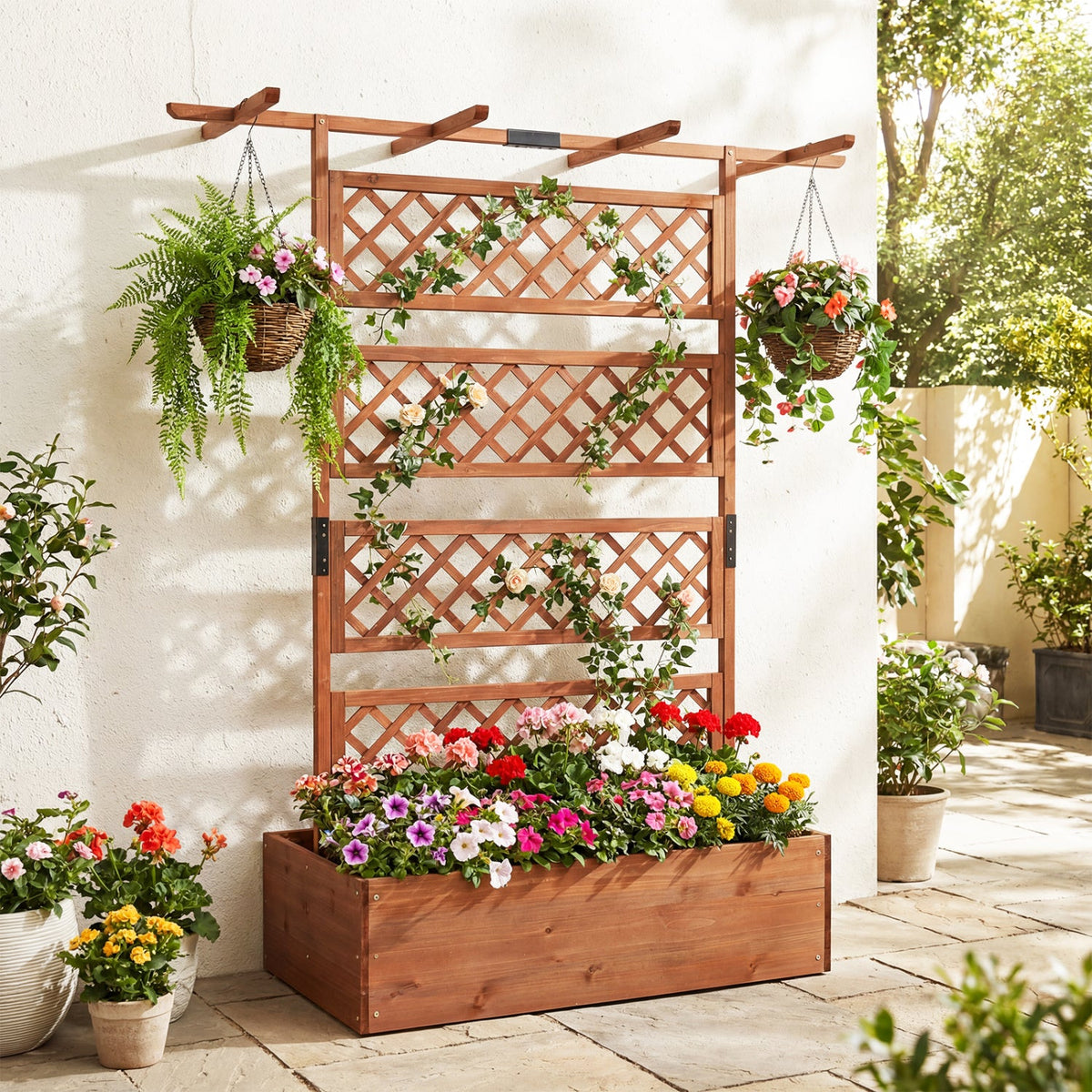 Wooden Planter Box with Lattice Trellis Raised Garden Bed Privacy Screen with Flat Roof