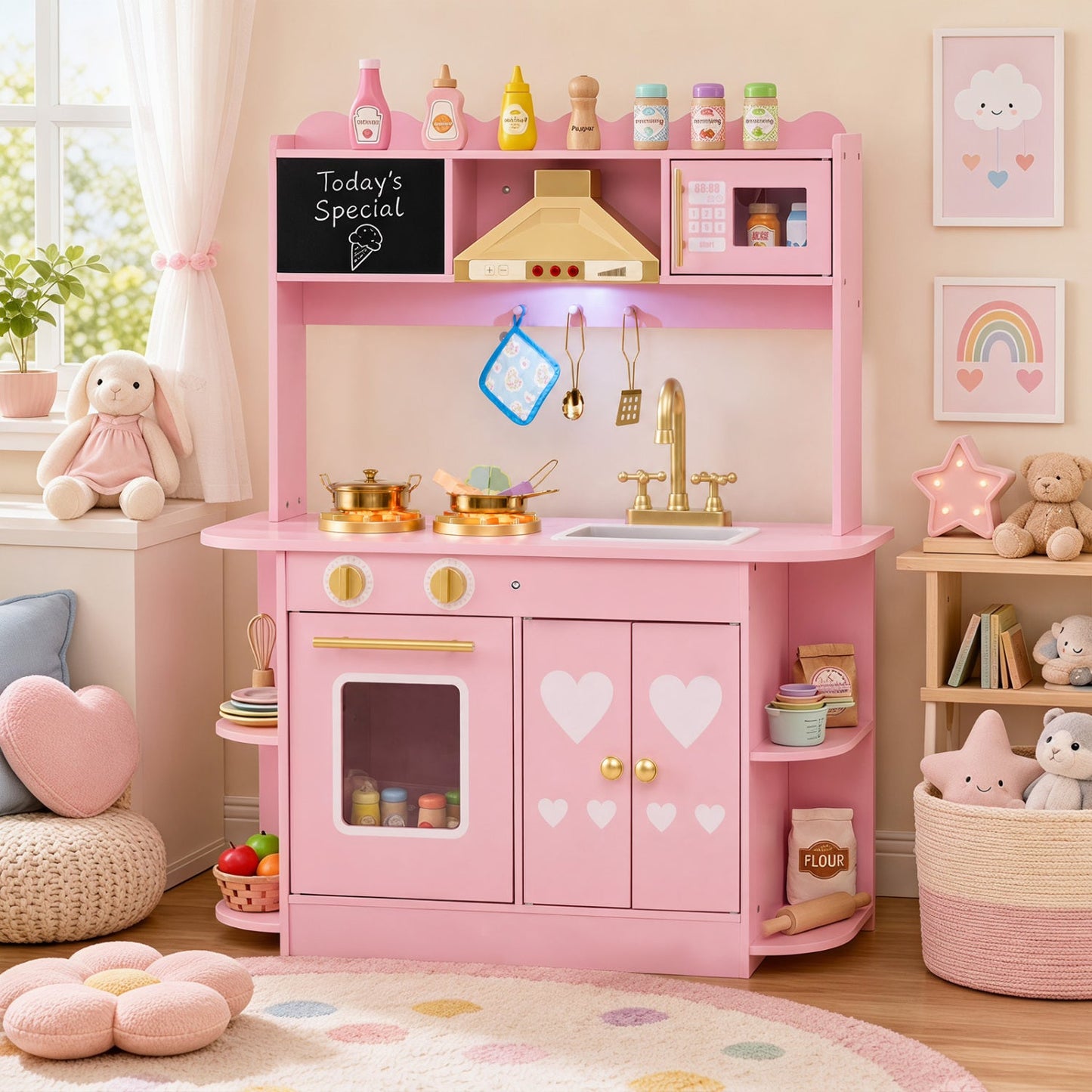 Wooden Play Kitchen with Lights & Sounds for Toddlers 3+