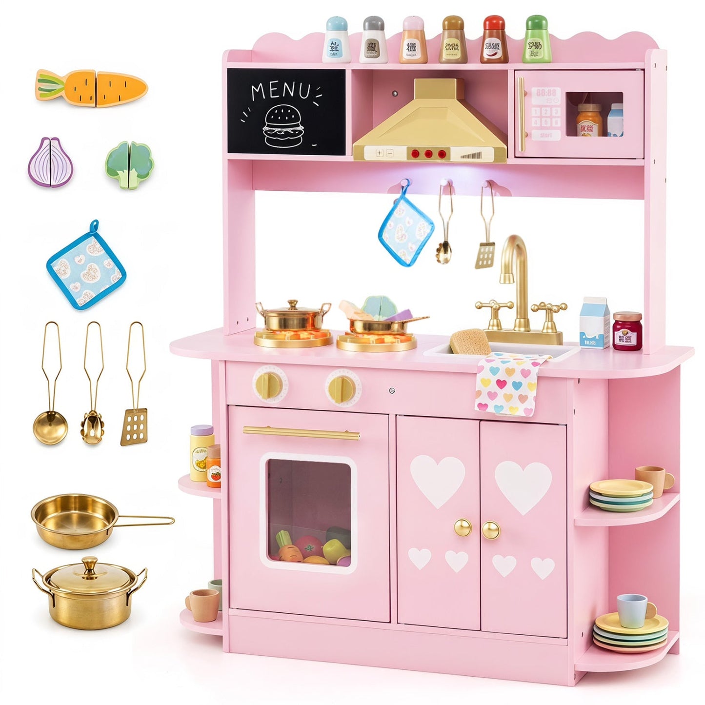 Wooden Play Kitchen with Lights & Sounds for Toddlers 3+