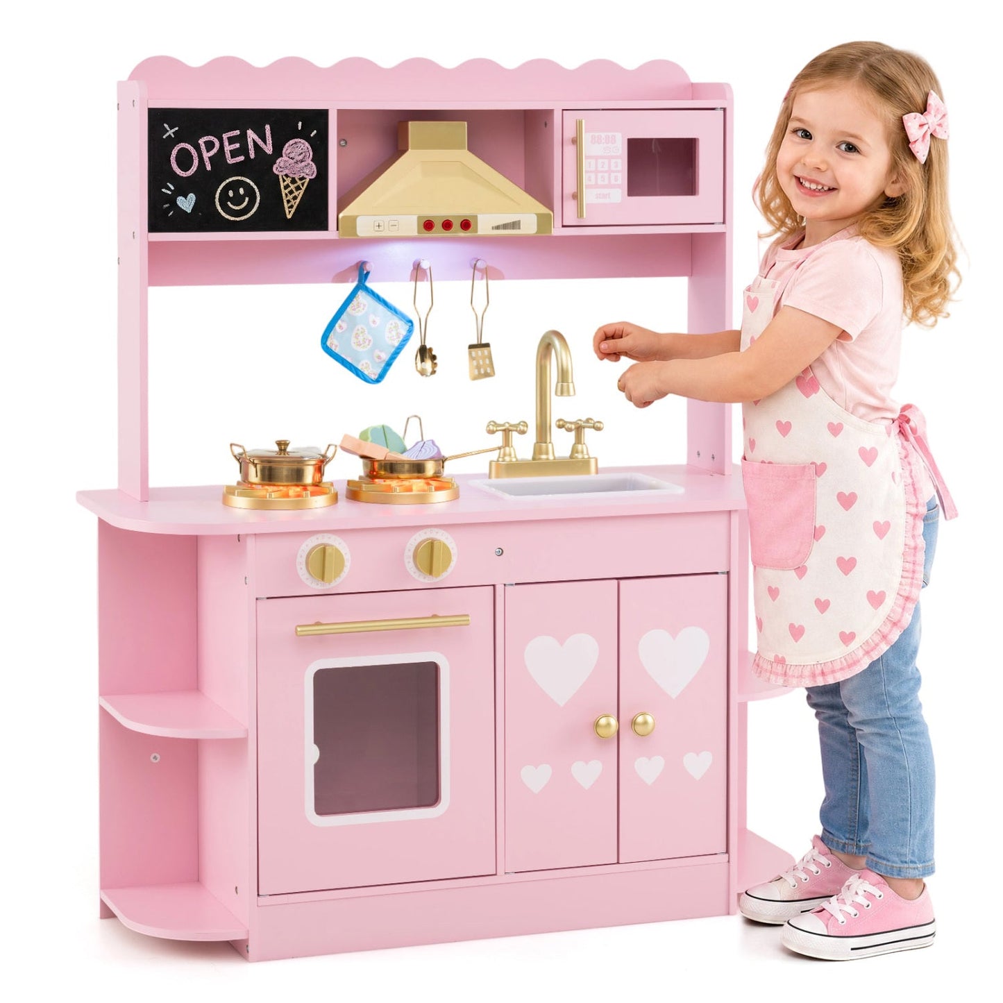 Wooden Play Kitchen with Lights & Sounds for Toddlers 3+