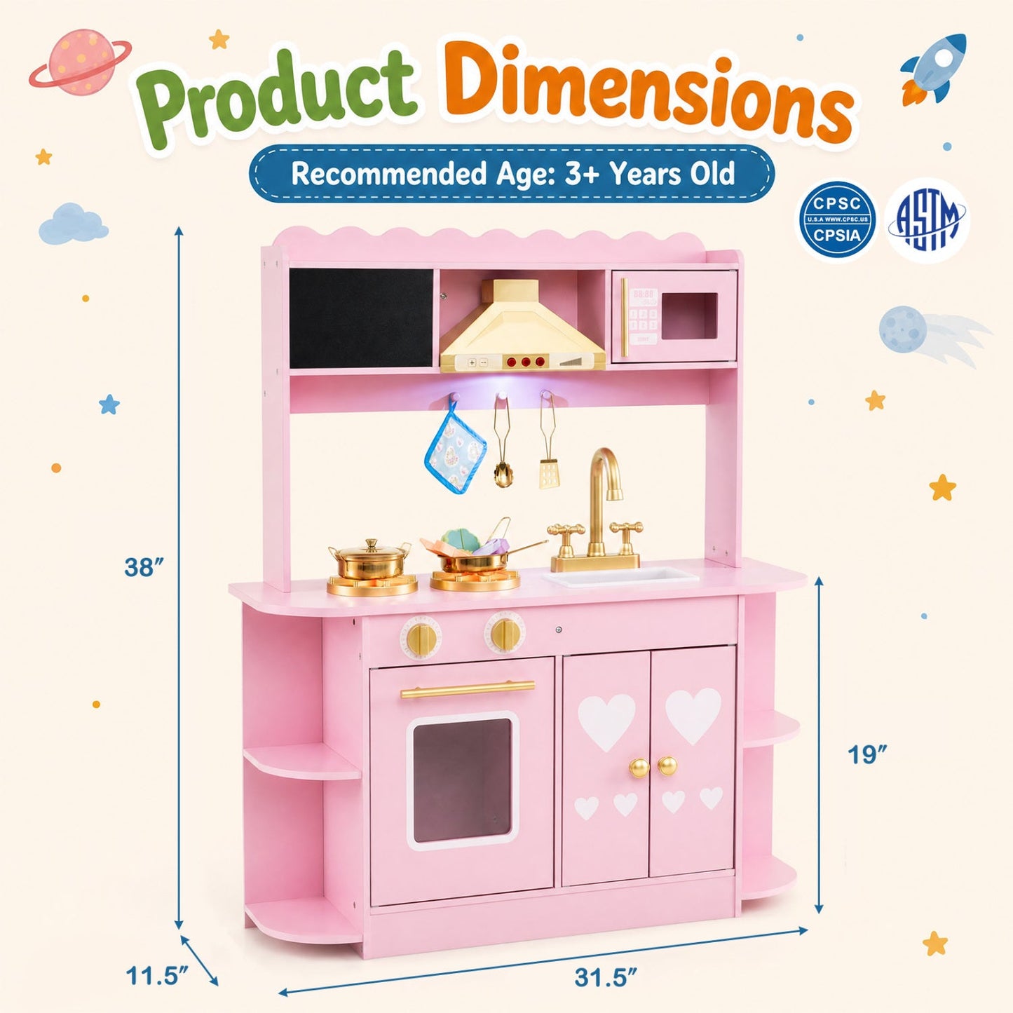 Wooden Play Kitchen with Lights & Sounds for Toddlers 3+