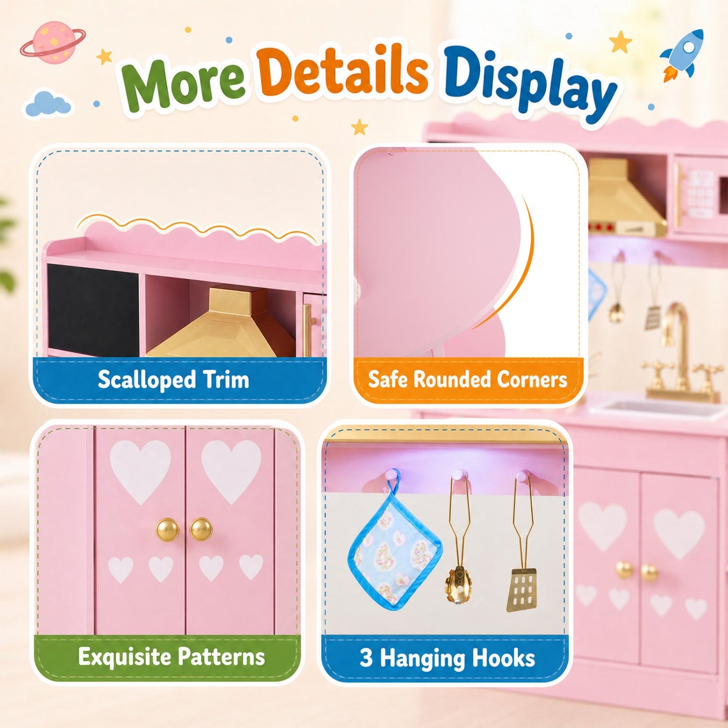 Wooden Play Kitchen with Lights & Sounds for Toddlers 3+
